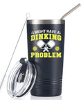 Premium 20 Oz Pickleball Travel Tumbler With Secure Spill Proof Lid And Present Ready Gift Box featuring black design and straw.