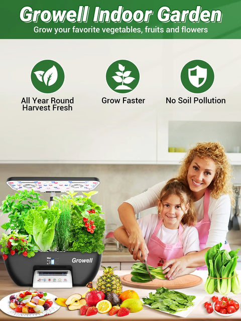 Mother and daughter using 17 Pod Hydroponics Growing System Kit With 102 28W Full Spectrum Grow Lights Two Fans Auto Timer Water Pump 10L Tank Height Adjustable Indoor Garden in Black and White Dope Setup, with fresh vegetables.