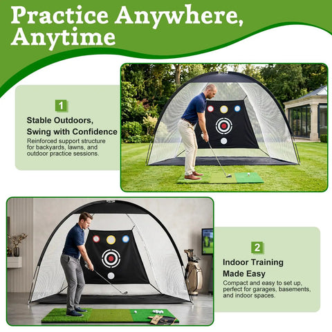 Man practicing golf swing with Massive 10x7ft Golf Practice Net With 5 Real Balls, Tri Turf Mat, And Portable Storage Bag outdoors