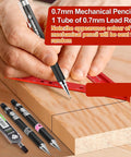 Close-up of hands using 6 Inch Mini Carpenter Square With 0.7mm Mechanical Pencil, Fixed 90 Degree Miter Angle for woodworking markings.