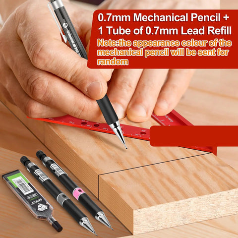 Close-up of hands using 6 Inch Mini Carpenter Square With 0.7mm Mechanical Pencil, Fixed 90 Degree Miter Angle for woodworking markings.