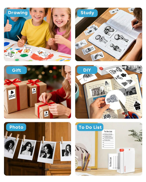 Top Tier Portable Thermal Sticker Printer And Wireless Label Maker With 2 To 3 Inch Wide Format For Photos Study Notes Creative Crafts Journaling Everyday Carry Flex used in kids' art, study notes, DIY projects, gifts, photo prints, and to-do lists.