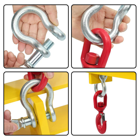 Universal Forklift Lifting Hook With Swivel Head And Two L Screws Built Like A Tank To Handle 4800 Pounds Of Heavy Gear Yellow Powder Coated Steel connections detailed.