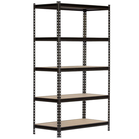 Heavy Duty Five Tier Black Steel Storage Rack Featuring Hella Sturdy Boltless Shelves And Rock Solid Adjustable Frames For A Truly Smooth DIY Setup That Delivers Major Bang For The Buck While Organizing Your Space Like A Boss