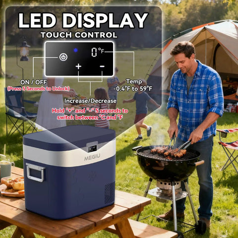 Go To Portable Car Refrigerator And Travel Cooler, 23 Quart (22 Liter) Compressor Freezer shown outdoors with touch LED display