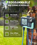 3 Zone Sprinkler Timer With Brass Inlet And IP65 Waterproof Housing Hose Timer mounted on brick wall.