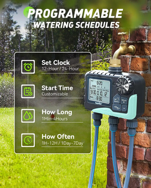 3 Zone Sprinkler Timer With Brass Inlet And IP65 Waterproof Housing Hose Timer mounted on brick wall.