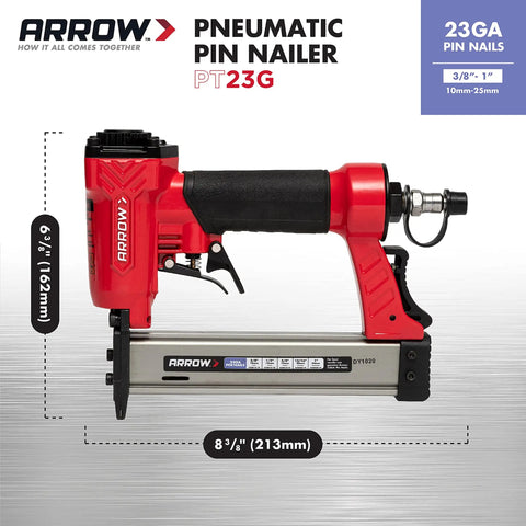 Lightweight 23 Gauge Pin Nailer Oil Free Pneumatic Tool PT23G, red compact tool with ergonomic grip, dimensions shown