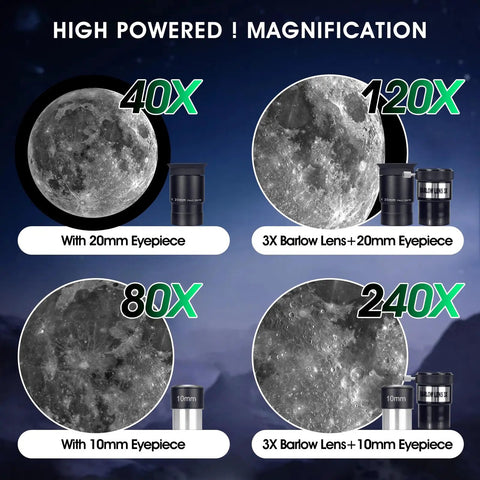 High Powered 90mm Aperture 800mm Refractor Telescope magnification demonstration with eyepiece options for astronomy beginners.