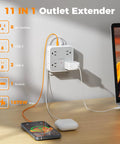 11 In 1 Wall Outlet Extender With 8 Sockets 1 USB C And 2 USB A Ports Surge Protector With Power Switch 3 Sided Multi Plug Extender For Home Dorm And Office installed on wall, powering devices.