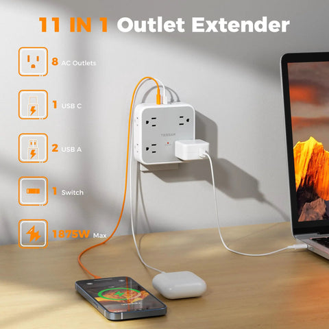 11 In 1 Wall Outlet Extender With 8 Sockets 1 USB C And 2 USB A Ports Surge Protector With Power Switch 3 Sided Multi Plug Extender For Home Dorm And Office installed on wall, powering devices.