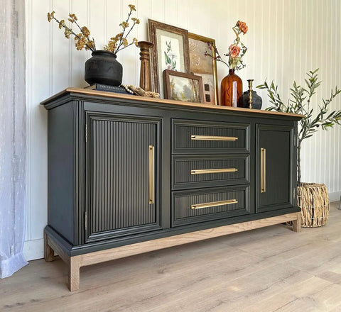 Sideboard with Champagne Bronze Cabinet Pulls With Escutcheon Backplate 2 Pack 12 And 5 Eighths Inch Center in modern decor setting.