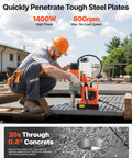 Velvet Soft Vevor 1400 Watt Portable Magnetic Drill Press with adjustable speed drilling into steel plate outdoors.