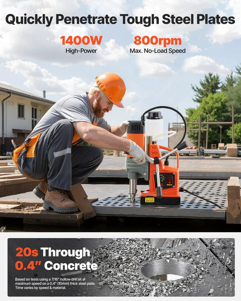 Velvet Soft Vevor 1400 Watt Portable Magnetic Drill Press with adjustable speed drilling into steel plate outdoors.