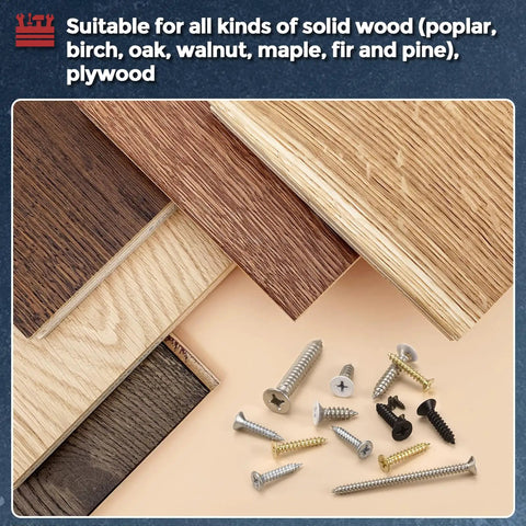 Assorted wood samples with 110-Piece Phillips Flat Head Wood Screws Kit, Self Tapping Countersunk Stainless Steel 304, White Head