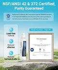 NSF certified inline RV hose water filter and certificate for reducing chlorine and odors, keeping drinking water fresh on the go.