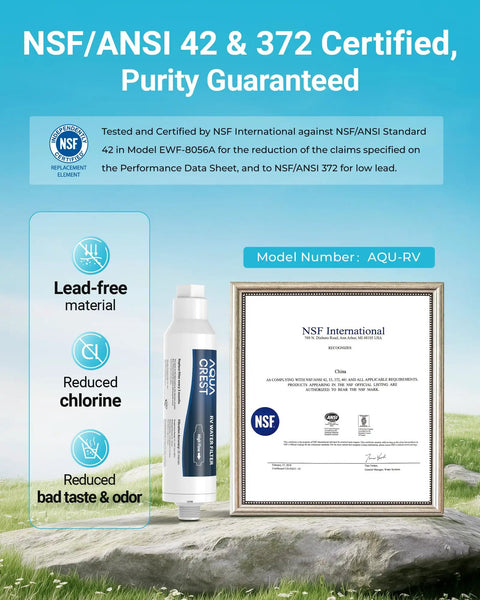 NSF certified inline RV hose water filter and certificate for reducing chlorine and odors, keeping drinking water fresh on the go.