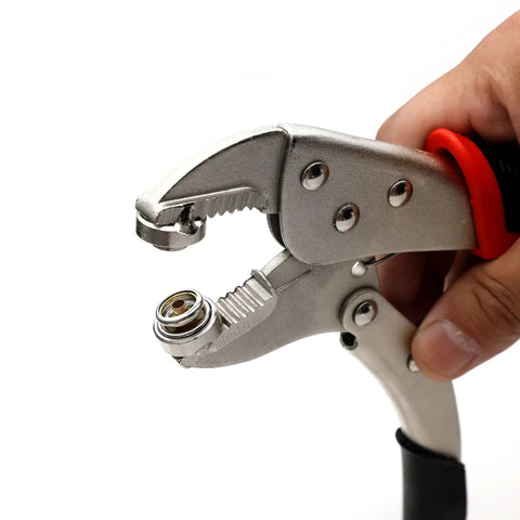 Heavy Duty Snap Setter Pliers Kit For Marine Snap Rings And Boat Cover Installation, Vise Grip Pliers in hand showing snap placement.