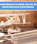 60 Pieces Unfinished Square Dowels One Eighth Inch Square Cross Section And Twelve Inches Long For DIY Molding Craft Projects Woodworking Perfect For DIYers And Makers with model plane in background.