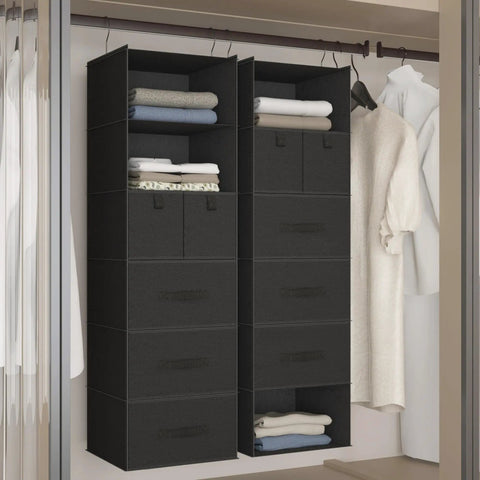 Six Shelf Hanging Closet Organizer With Five Drawers And Three Pockets Two Hooks Foldable Wardrobe Storage For Clothes And Accessories Non Woven Fabric Black in closet setting