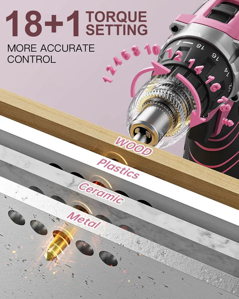 Close-up of pink cordless drill showing 18 plus 1 torque settings drilling through various materials