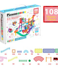 Magnetic Marble Run Set With Building Tiles And Race Track Slides Three In One STEM Learning Toy For Indoor Fun Kids Age Three Plus 108 Piece Construction Kit box and pieces