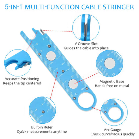 5-in-1 multi-function cable stringer with built-in ruler and magnetic base, blue color, diagram highlighting features