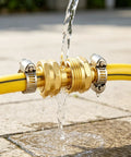 Heavy Duty Garden Hose Repair Kit With 3/4 Inch Brass Male Female Connectors And Stainless Clamps For Quick, Leak Proof Fixes On 1/2 Inch Barb Hoses The Ultimate Fix So You Can Get Your Water Flowing Again Today. brass hose repair fitting with water flowing through