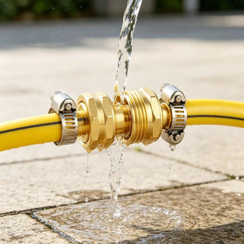 Heavy Duty Garden Hose Repair Kit With 3/4 Inch Brass Male Female Connectors And Stainless Clamps For Quick, Leak Proof Fixes On 1/2 Inch Barb Hoses The Ultimate Fix So You Can Get Your Water Flowing Again Today. brass hose repair fitting with water flowing through