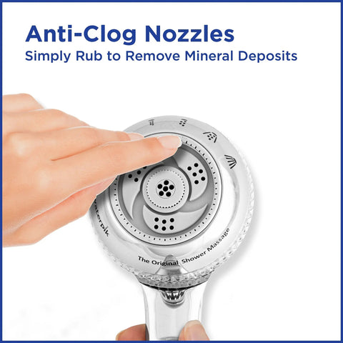 Hand using anti-clog feature on Original Massage Shower Head With Handheld Spray And PowerSpray 2.5 GPM Chrome Finish