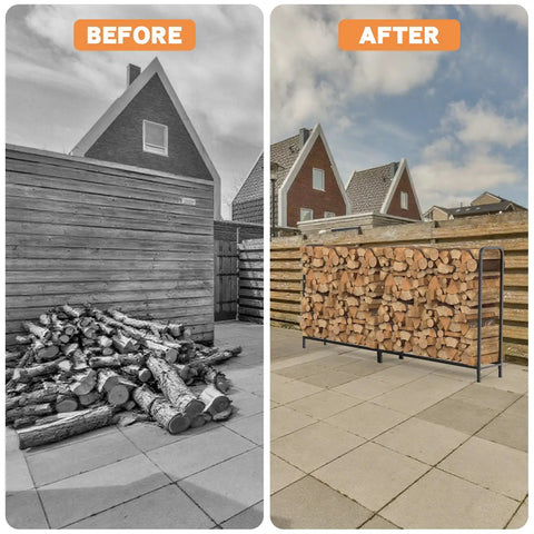 Before and after comparison showing stability of 8Ft Firewood Rack With All Weather Cover For Indoor Outdoor Use, Heavy Duty Square Steel Log Holder.