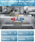 Top Shelf Four Inch Center Wall Mount Sink Faucet With Slick Chrome Plating And Hella Tough Dual Levers delivering 360° view with dimensions.