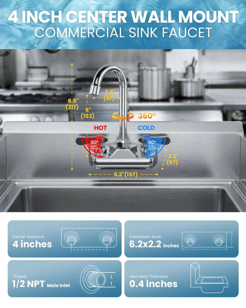 Top Shelf Four Inch Center Wall Mount Sink Faucet With Slick Chrome Plating And Hella Tough Dual Levers delivering 360° view with dimensions.