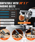 Heavy Duty Belt Grinder Sander With Smooth Operator Variable Speed VFD And 550 Watt Motor, three sanding belts for diverse materials.