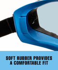 Close-up of blue tinted anti fog safety goggles with adjustable elastic headband highlighting soft rubber seal for comfort