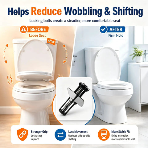 Universal Toilet Seat Bolts Replacement Kit With Stainless Steel Heavy Duty Toilet Lid Screws Washers And Lock Nuts For Top Mount Lids Fits Most Standard Elongated Toilets Rust Resistant And Breezy To Install showing before and after seat stability