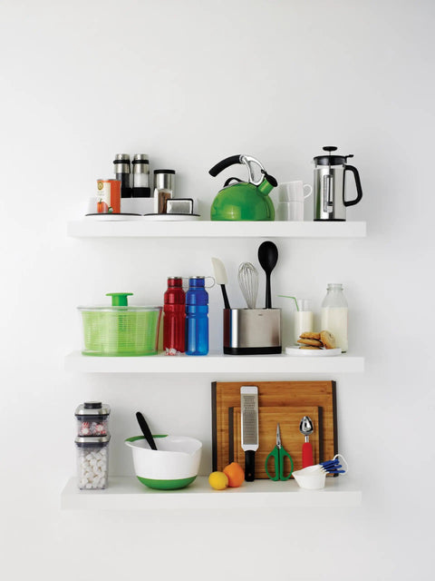 Kitchen shelf with Stainless Steel Salt And Pepper Grinder Set For Kitchen And Table Easy Refill Top Grinding Mechanism For Clean Counters