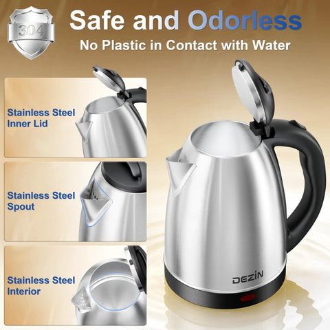 Electric Kettle 2L BPA Free Stainless Steel, Fast Boil, Auto Shut Off shown with stainless steel lid, spout, and interior