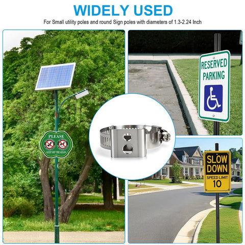 Two Pack Adjustable Sign Mounting Brackets for Poles 1.3 to 2.24 Inches, Rust Resistant Street Sign Hardware in use