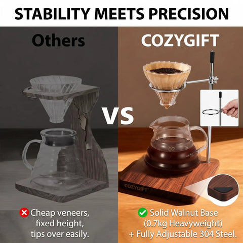 Solid Black Walnut Pour Over Coffee Maker Stand With Adjustable Stainless Steel Dripper Holder showcases premium materials and stability.