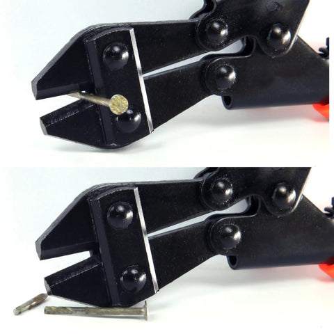 Heavy Duty Mini Bolt Cutter With Grippy Soft Anti Slip Handle Cuts Through Wires And Cables Up To Two Point Five Millimeters, cutting a metal nail.