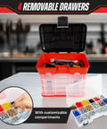 Portable Tool Storage Box With Four Removable Trays And Lids, clear plastic compartments, shown on workbench with tools.