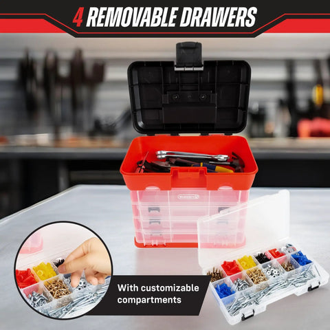 Portable Tool Storage Box With Four Removable Trays And Lids, clear plastic compartments, shown on workbench with tools.