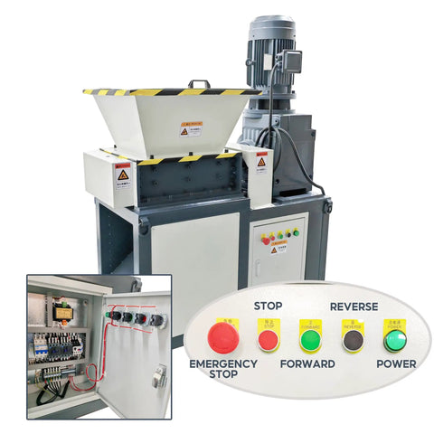 Dual shaft crusher with 19 blade gear system; inset shows controls, part of Beast Of A Heavy Duty Metal Shredder Machine 7500W 220V 3 Phase