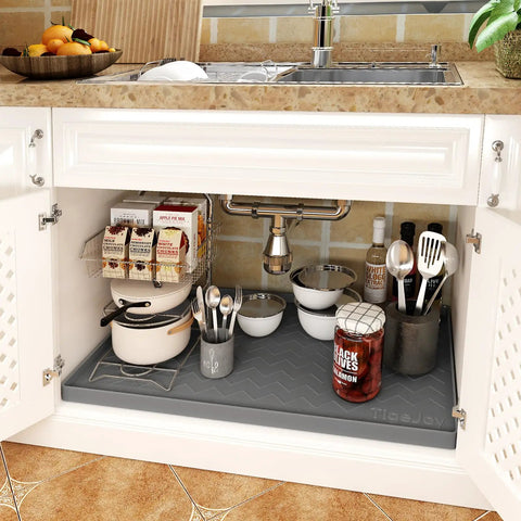 Under Sink Mat 34 By 22 Inches No Fuss Extra Thick 3mm Silicone Leakproof Kitchen Cabinet Protector installed under sink