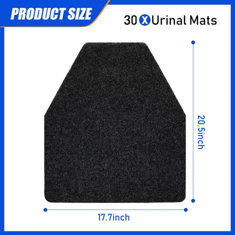 Black urinal mat, 17.7 x 20.5 inches, from 30 Pack Non Slip Urinal Mats For Men Highly Absorbent Urinal Floor Pads For Commercial Restrooms