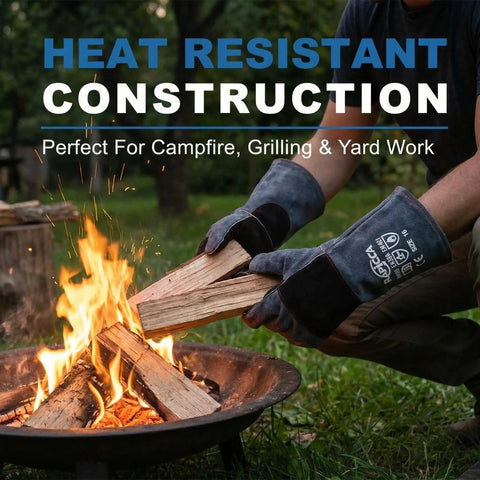 Person wearing Heavy Duty Fireplace Gloves With Heat Resistant Leather Mitts With Solid Grip 16 Inch XL near fire pit