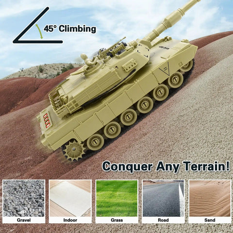 Dual RC Battle Tank Set With Infrared Shooting, Realistic Lights And Sounds, 1 28 Scale Abrams climbing on rocky terrain