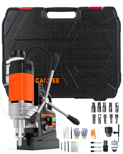 Heavy Duty Magnetic Drill Press 1650W Copper Motor with case, bits and accessories, ideal for steel and aluminum projects.