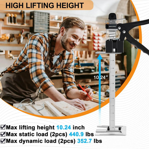 Heavy Duty 15.75-Inch Furniture Jacks 2-Pack, Portable Steel Tool displayed lifting 10.24 inches with tools in a workshop.